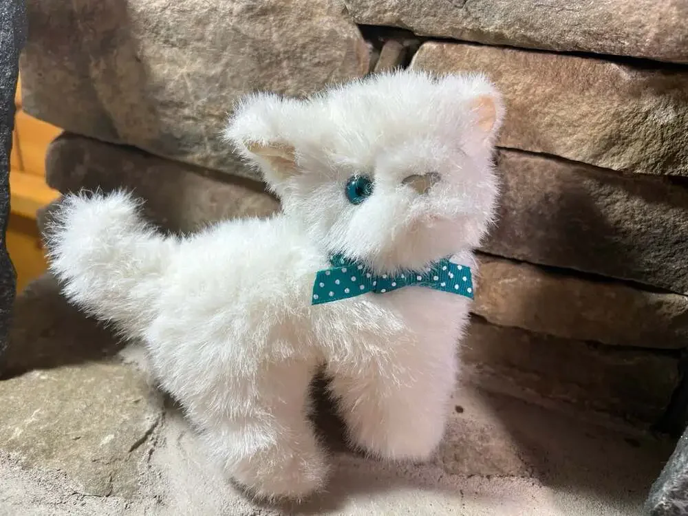 GUND vintage White Kitten Plush Teal polka dot bow Blue Eyes